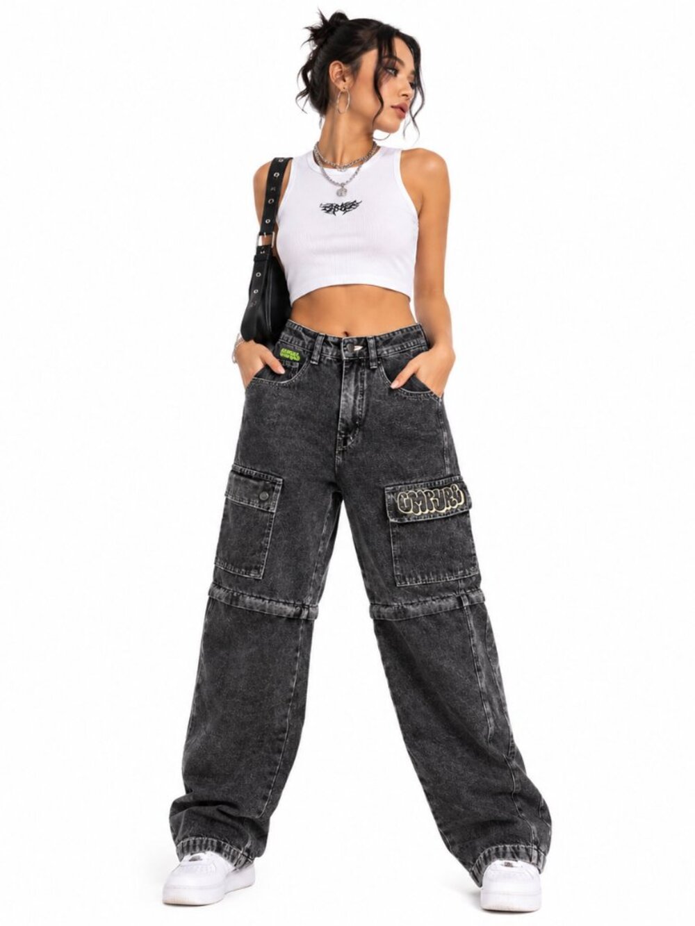 Empyre Zip Off Cargo‎ Jeans Black Y2K Baggy Skate Goth Women 0